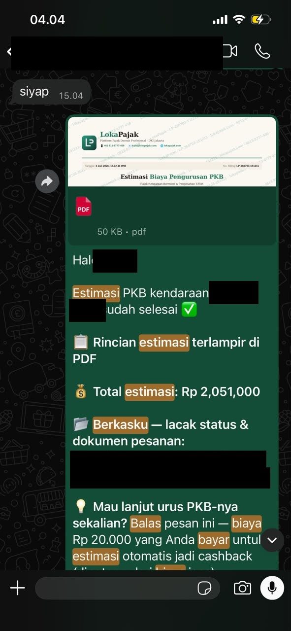 Testimoni pelanggan cek pajak kendaraan via WhatsApp (1)